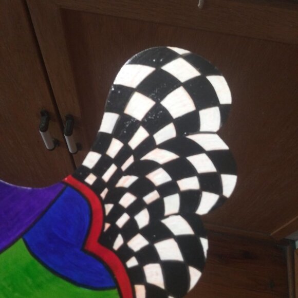 whimsical Rooster Figurine wood wall-hanging Multicolor & black white checkered - Picture 5 of 15